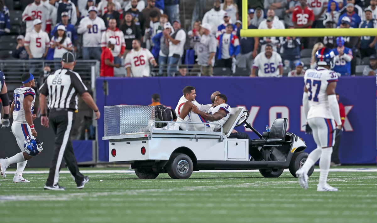 Sep 26, 2022; East Rutherford, New Jersey, USA; New York Giants wide receiver Sterling Shepard (3) leaves on a cart after injuring himself during the second half against the Dallas Cowboys at MetLife Stadium.